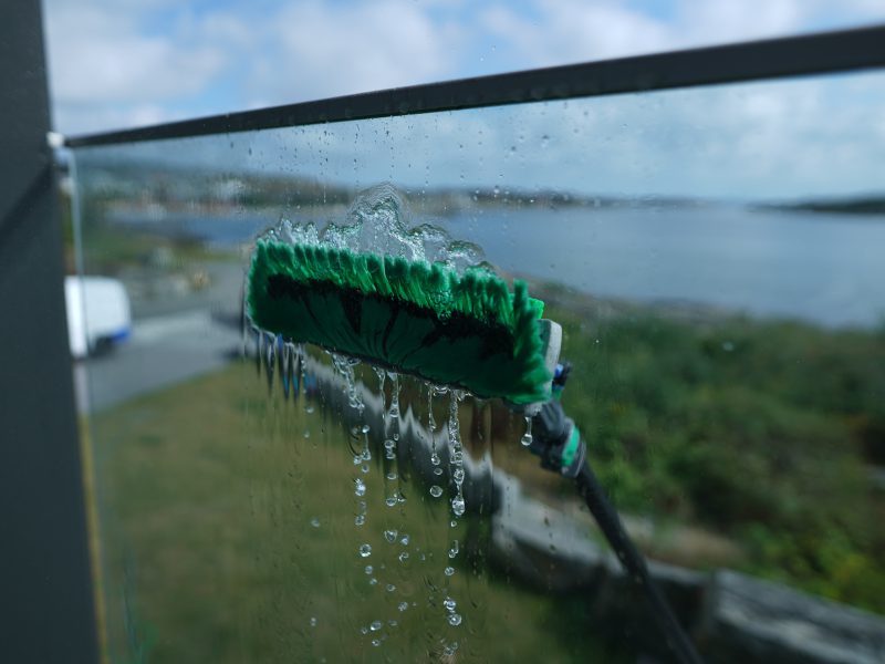 Närbild av rentvattenborste mot glas med utsikt mot vattnet